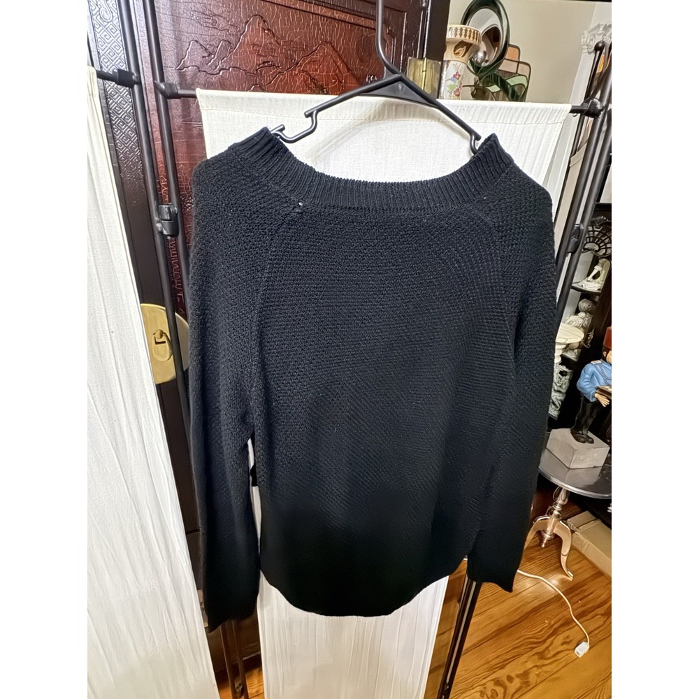 Women's Black Textured Knit Crewneck Sweater Long Sleeve Pullover Approx XL